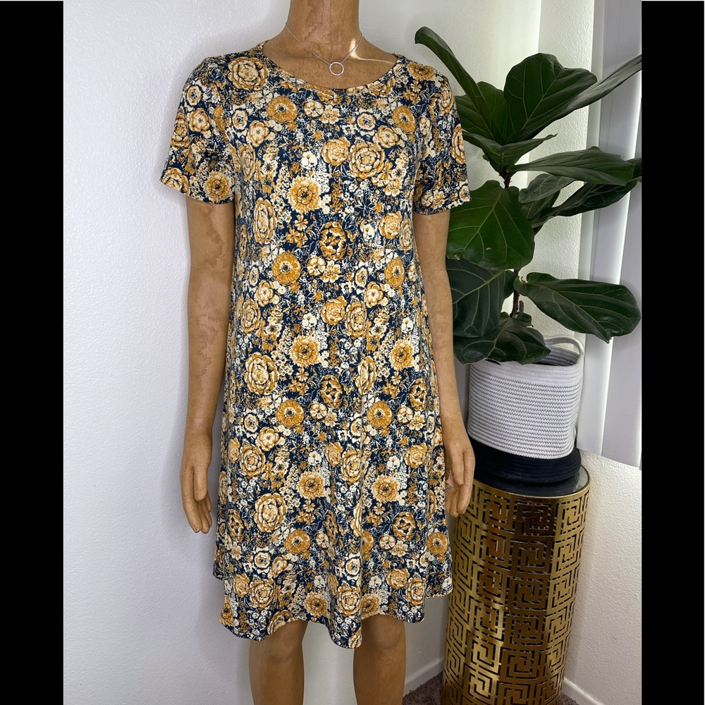 LuLaRoe Carly dress navy and gold SLINKY fabric